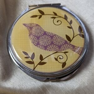 🐦 Vintage Compact Mirror magnified one side bird tree purple tan 3"